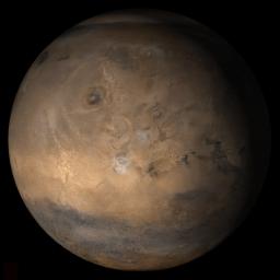 This picture is a composite of NASA's Mars Global Surveyor (MGS) Mars Orbiter Camera (MOC) daily global images acquired at Ls 12 during a previous Mars year.