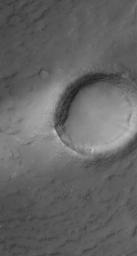 NASA's Mars Global Surveyor shows a crater that in south central Syrtis Major Planum on Mars. The image also captures a portion of the light-toned wind streak formed in the lee (to the left) of the crater. A wind streak is also present.