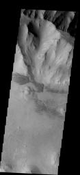 This image of the east end of Coprates Chasma on Mars contains several dune fields. The dunes in the center of the image are larger and darker than the dunes at the bottom as seen by NASA's 2001 Mars Odyssey.
