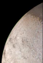 This natural color image of the limb of Triton was taken early in the morning of Aug. 25 1989, when the Voyager 2 spacecraft was at a distance of about 210,000 kilometers (128,000 miles) from the icy satellite.