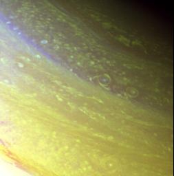 The north polar region of Saturn is pictured in great detail in this NASA Voyager 2 image obtained Aug. 25 from a range of 633,000 kilometers (393,000 miles).