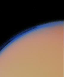 Titan's thick haze layer is shown in this enhanced image from NASA's Voyager 1, taken Nov. 12, 1980 at a distance of 435,000 kilometers (270,000 miles).
