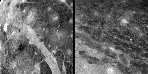 RIGHT: This picture shows part of the surface of Ganymede as viewed from a range-of 120,000 km by NASA's Voyager 2 on July 9th. In the foreground is typical grooved terrain as seen by Voyager 1.