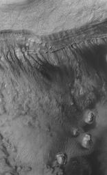 This image from NASA's Mars Global Surveyor shows gullies formed in the wall of a depression located on the floor of Rabe Crater west of the giant impact basin, Hellas Planitia on Mars.