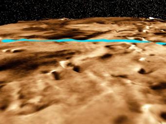 This three-dimensional perspective view of the Martian polar layered terrain was created by combining NASA's Viking images with NASA's Mars Global Surveyor Mars Orbiter Laser Altimeter measurements of the height of the surface.