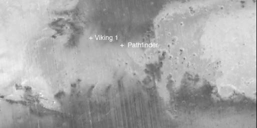 NASA's Mars Global Surveyor shows the equatorial region of Mars where both the Pathfinder and Viking 1 spacecraft landed.