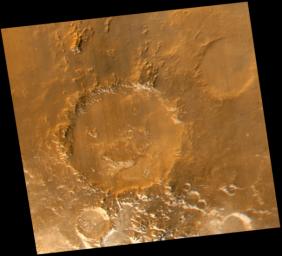 This image captured by NASA's Mars Global Surveyor (MGS) in 2005 shows 'Galle Crater' or the 'Happy Face Crater' with patches of white water ice frost in and around the crater's south-facing slopes.