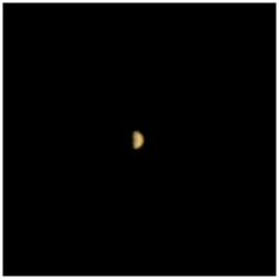 This image is the first view of Mars, a dusty rose in the distance, taken by the Mars Climate Orbiter (MCO) on 7 September 1999 when the spacecraft was approximately 4.5 million kilometers (2.8 million miles) from the planet.