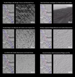 NASA's Mars Global Surveyor shows a variety of surface textures, terrains, and geologic features that were found in the landing ellipse of the Mars Polar Lander.