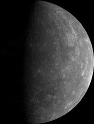 This mosaic, made from over 140 individual TV frames taken about two hours after encounter, shows the planet Mercury as seen by NASA's Mariner 10 as it sped away from the planet on March 29, 1974.