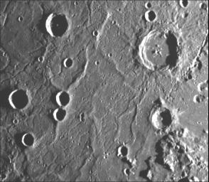 This image, from NASA's Mariner 10 spacecraft which launched in 1974, includes part of the floor of the Caloris basin showing the ridges and fractures.
