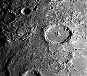 This image, from NASA's Mariner 10 spacecraft which launched in 1974, features a 140 kilometer diameter crater and its surrounding zone of secondary craters. T