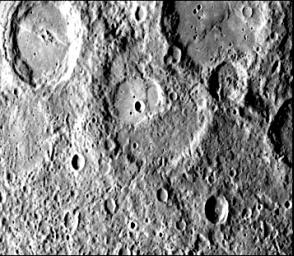 This image, from NASA's Mariner 10 spacecraft which launched in 1974, shows several scarps, which appear to be confined to crater floors. The scarp in the crater at the upper left of the image has been diverted by the central peaks.