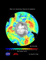 This image demonstrates the capability of the SeaWinds instrument on NASA's QuikScat satellite in monitoring both sea ice and ocean surface wind, thus helping to further our knowledge in wind-ice interaction and its effect on climate change.