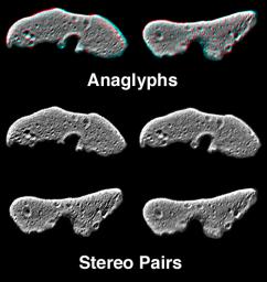 This image from NASA's NEAR Shoemaker is of processed data showing Eros from slightly different perspectives is combined as anaglyphs or stereo pairs. 3D glasses are necessary to view this image.