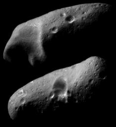 On February 23, 2000, NASA's NEAR Shoemaker spacecraft obtained a sequence of image mosaics showing Eros' surface as the asteroid rotated under the spacecraft; shown here is the stark beauty of the two opposite hemispheres.