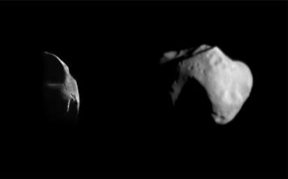 Two different views of asteroid 253 Mathilde were obtained by NASA's NEAR Shoemaker spacecraft on June 27, 1997. Only a few of the prominent ridges on Mathilde are illuminated.