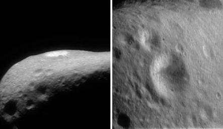 This pair of images of asteroid Eros, taken by NASA's NEAR Shoemaker show the crater nearly edge-on taken Feb. 16, 2000 at left, and at right, taken on March 2, 2000, high over a crater.