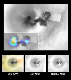 This collage of images shows the dizzying rate of geologic activity at one of the many erupting volcanoes on Jupiter's moon Io, as viewed by NASA's Galileo spacecraft during the closest-ever Io flyby on October 10, 1999.