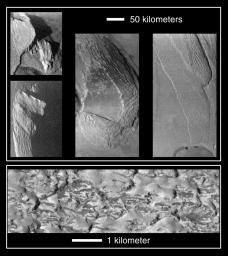 Unusual mountains on Jupiter's moon Io are shown in these images that were captured by NASA's Galileo spacecraft during its close Io flyby. The top four pictures show four different mountains at resolutions of about 500 meters per picture element.