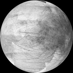 This 12-frame mosaic provides the highest resolution view ever obtained of the side of Jupiter's moon Europa that faces the giant planet. It was obtained by the camera onboard NASA's Galileo spacecraft during the spacecrafts 25th orbit of Jupiter.