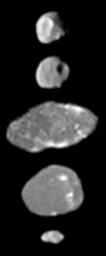 A montage of images of the small inner moons of Jupiter from the camera onboard NASA's Galileo spacecraft shows the best views obtained of these moons during Galileo's 11th orbit around the giant planet in November 1997.
