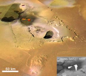 NASA's Galileo spacecraft caught this volcanic eruption in action on Jupiter's moon Io on November 25, 1999. This mosaic shows Tvashtar Catena, a chain of calderas, in enhanced color.
