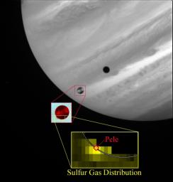 This image depicts the discovery of sulfur gas in the plume of the Pele volcano on Jupiter's moon Io, as seen by the Hubble Space Telescope in October 1999, during a flyby of Io by NASA's Galileo spacecraft.