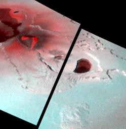 This stereo image illustrates the topography of the Tvashtar Catena region on Jupiter's moon Io. It was created by combining two different views of Tvashtar taken by NASA's Galileo spacecraft on November 25, 1999 and February 22, 2000.