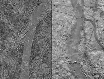 This image, taken by NASA's Galileo spacecraft, shows a same-scale comparison between Arbela Sulcus on Jupiter's moon Ganymede (left) and an unnamed band on another Jovian moon, Europa (right).