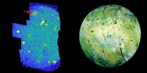 Volcanic hot spots, including a bright one never seen before, pepper an infrared color-coded image (left) of Jupiter's moon Io, taken by NASA's Galileo spacecraft on Aug. 6, 2001.