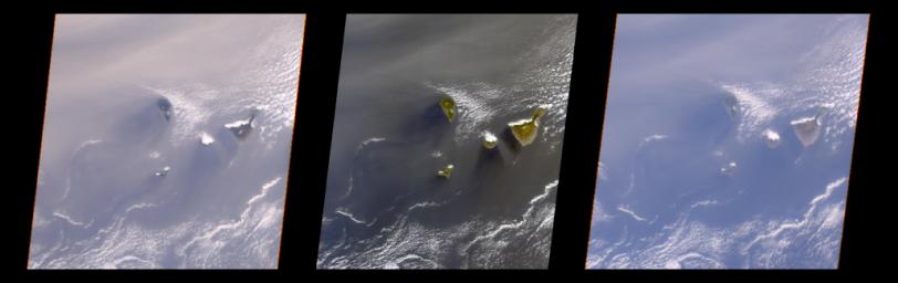 A multi-angle view of the Canary Islands in a dust storm, 29 February 2000. At left is a true-color image taken by the Multi-angle Imaging SpectroRadiometer (MISR) instrument on NASA's Terra satellite.