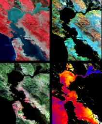 These images of the San Francisco Bay region were acquired on March 3, 2000 by the Advanced Spaceborne Thermal Emission and Reflection Radiometer (ASTER) on NASA's Terra satellite.