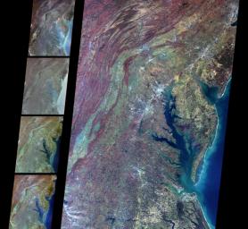 These multi-angle images of Delaware Bay, Chesapeake Bay, and the Appalachian Mountains, acquired 24 March 2000 from NASA's Terra spacecraft, come from the downward-looking (nadir) camera on the MISR instrument onboard NASA's Terra satellite.
