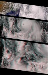 This anaglyph from NASA's Terra satellite's vertical (nadir) camera, shows Hurricane Carlotta's location in the eastern Pacific Ocean, about 500 km south of Puerto Vallarta, Mexico in 2000. 3D glasses are necessary to view this image.