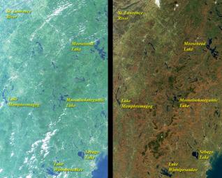 These images from NASA's Terra satellite include eastern Vermont, New Hampshire, and western Maine, as well as the southeastern corner of Quebec province between August and October, 2000.