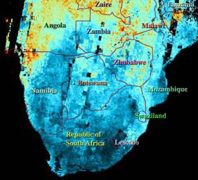This map shows the abundance of airborne particulates, or aerosols, over Southern Africa during the period August 14-September 29, 2000, when NASA's Terra satellite flew over the area.