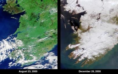 The contrast between summer and winter is apparent in this pair of images of southwestern Ireland acquired by NASA's Terra satellite August 23, 2000 (left) and December 29, 2000 (right).