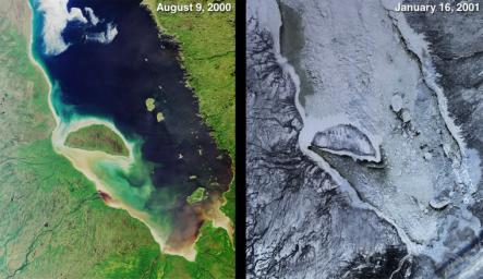 James Bay lies at the southern end of Hudson Bay. Visible in these images captured by NASA's Terra satellite on Aug 9, 2000 and Jan. 15, 2001, are some of the many rivers that flow into the bay.