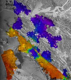 This image of California's Hayward fault is an interferogram created using a pair of images taken by ESA's ERS-1 and ERS-2 in June 1992 and September 1997 over the central San Francisco Bay in California.
