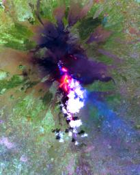 This image, acquired by NASA's Terra satellite on July 29, 2001 shows advancing lava flows on the southern flank of Mt. Etna above the town of Nicolosi.