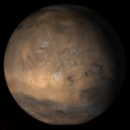NASA's Mars Global Surveyor shows the Tharsis face of Mars in mid-March 2006.