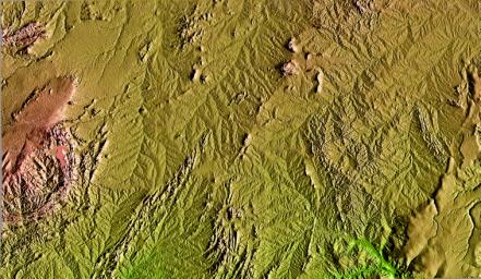 This topographic image acquired in February 2000 by NASA's Shuttle Radar Topography Mission shows an area in the state of Bahia in Brazil.