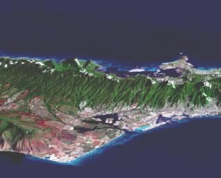 This perspective view, acquired by NASA's Shuttle Radar Topography Mission in Feb. 2000, shows Honolulu, on the island of Oahu.
