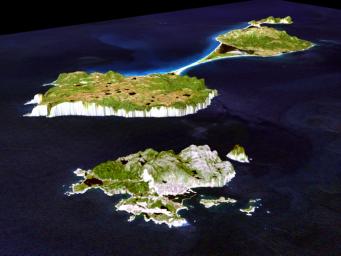 This image from NASA's Shuttle Radar Topography Mission shows Miquelon and Saint Pierre Islands, located south of Newfoundland, Canada. These islands, along with five smaller islands, are a self-governing territory of France.