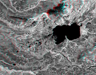 This anaglyph, from NASA's Shuttle Radar Topography Mission, is of Lake Palanskoye in northern Kamchatka. 3D glasses are necessary to view this image.