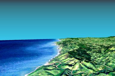 This 3-D perspective view from NASA's Shuttle Radar Topography Mission looks south along the southeast coast of the North Island of New Zealand. The capital city of Wellington is off the right side of the image.