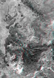 This anaglyph, from NASA's Shuttle Radar Topography Mission, shows elatively young volcanoes in northern Patagonia, at Los Menucos, Argentina. 3D glasses are necessary to view this image.