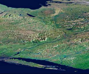 From Lake Ontario to the St. Lawrence River, extending to Long Island, this perspective view from NASA's Shuttle Radar Topography Mission shows topography of eastern New York State and Massachusetts, Connecticut, Pennsylvania, New Jersey and Rhode Island.