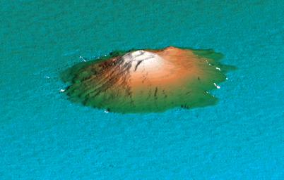 This 3D perspective view shows the Japanese island called Miyake-Jima viewed from the northeast as seen by NASA's Shuttle Radar Topography Mission.
